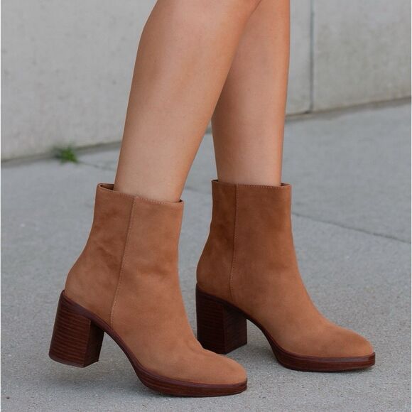 J Crew Suede Block Heel Ankle Booties 7 Tan Brown Platform Boots - Picture 1 of 12